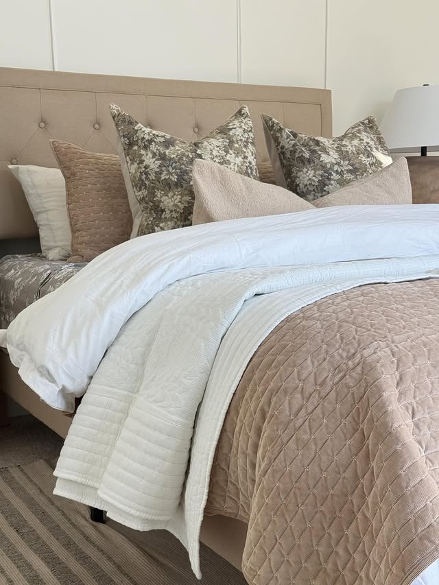 Instagram post by @seasons.poemdecor for Levtex Home. Caption reads: [...] guest bedding I’m obsessed with ❄️....