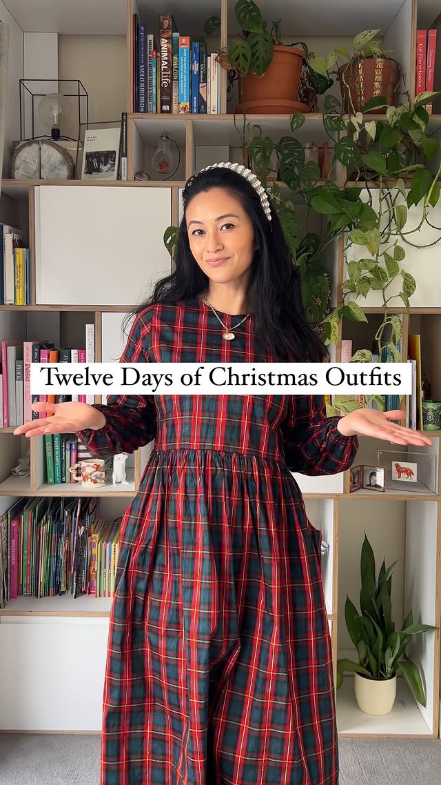 Instagram post by @katkenyon_ for Bellerose. Caption reads: 12 days of Christmas outfits ✨ Sequins, tartan,....