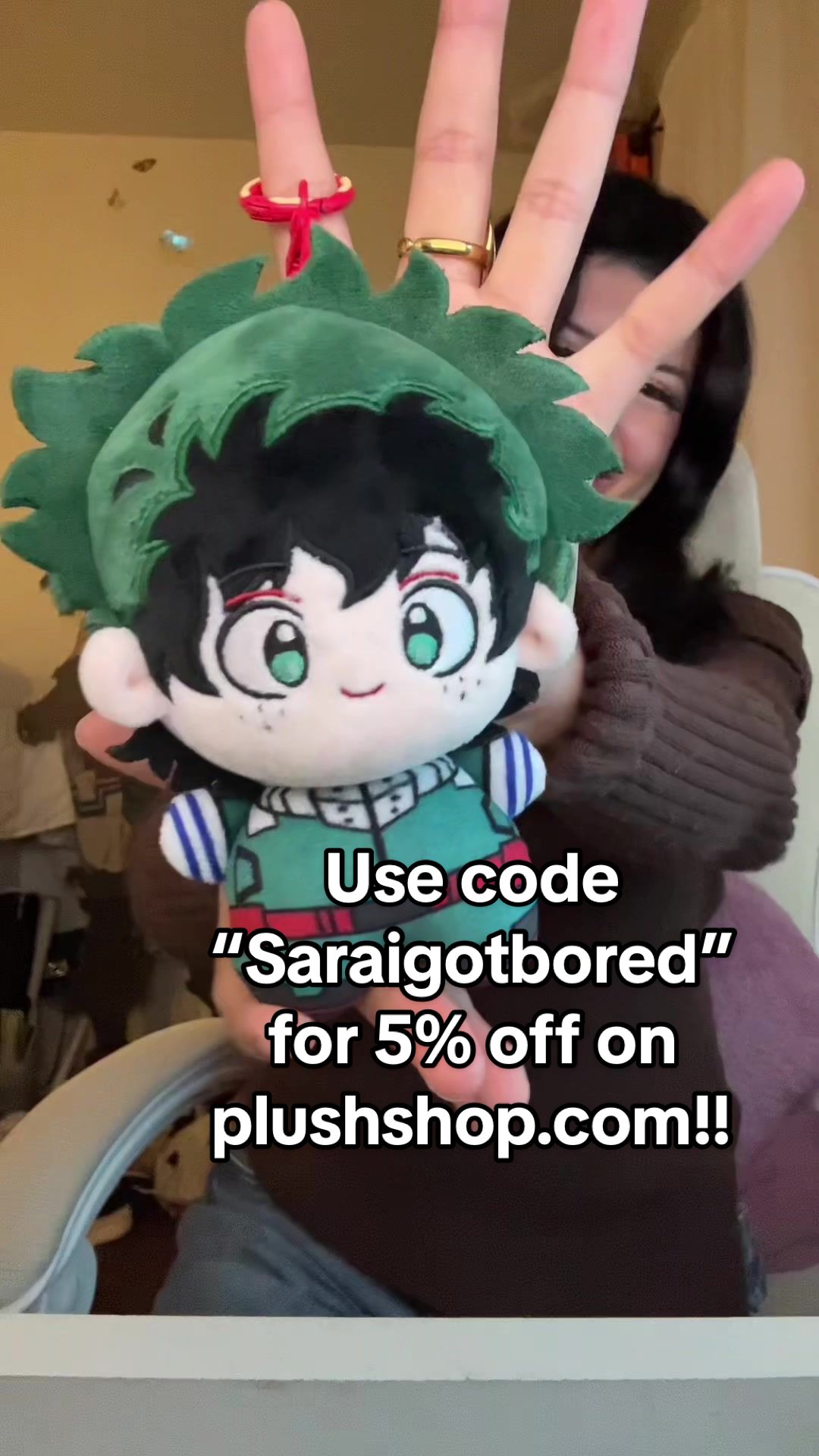 TikTok post by @saraigotbored for Plushshop. Caption reads: [...] to get 5% off your next order with....