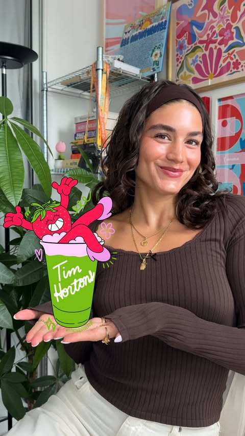 Instagram post by @fiorelladoodles for Tim Hortons. Caption reads: [...] an Iced Strawberry Matcha Latte from....