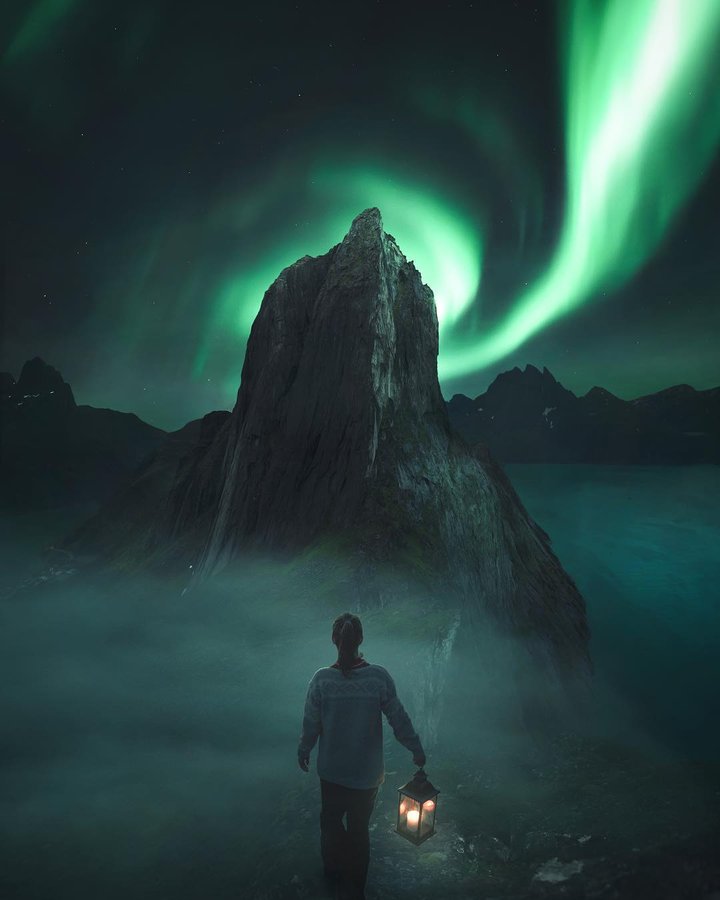 Instagram post by @seffis for Discover Earth. Caption reads: Wandering through the landscapes of Senja at night....