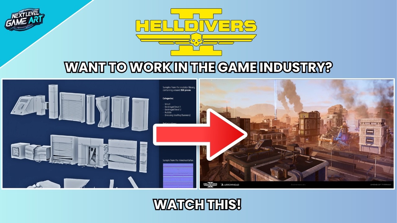 YouTube post by @NextLevelGameArt for Udemy. Caption reads: Why Helldivers 2 Worked — A Game Art Pipeline....