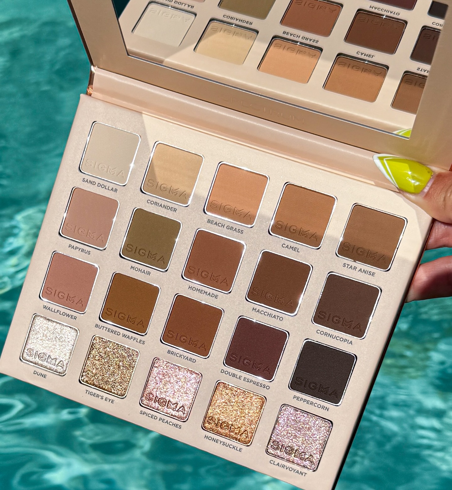 Instagram post by @angeschka for Sigma Beauty. Caption reads: A closer look at the upcoming neutral palette....