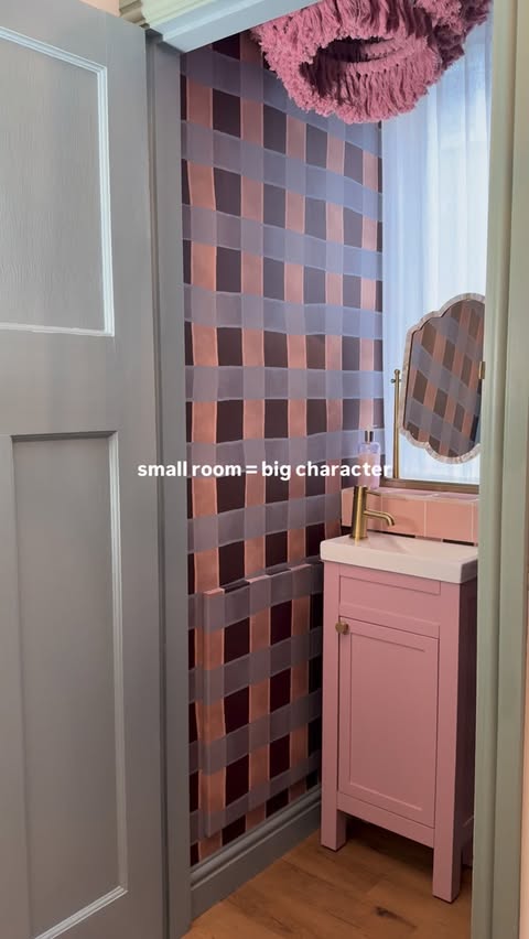 Instagram post by @homeofcharl for Rebel Walls. Caption reads: [...] stick Gingham Burgundy wallpaper from....