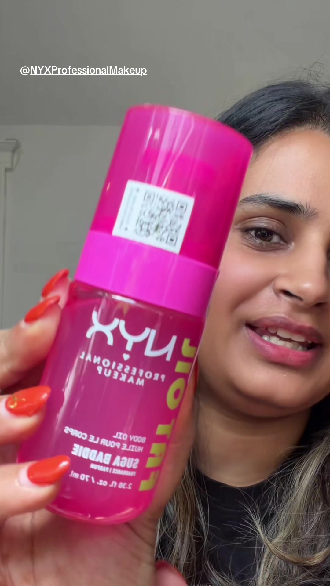 TikTok post by @anuxo_xo for NYX Professional Makeup HR. Caption reads: NYX Fat Oil Body Oil is a body-glow oil designed....