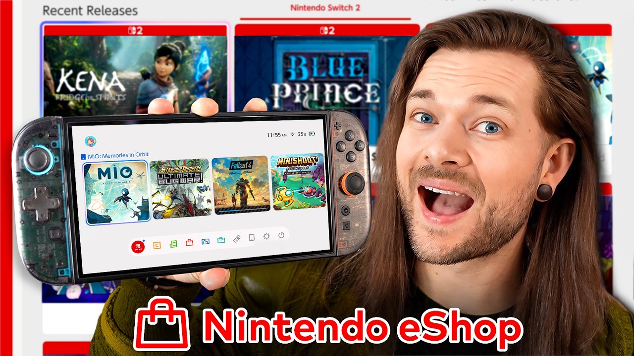 YouTube post by @BeatEmUps for Sakura The Club. Caption reads: 10 NEW Nintendo Switch 2 eShop Games Worth Buying!.