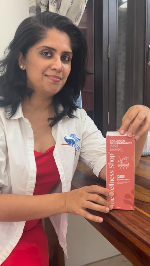 Instagram post by @ammisaga for The Wellness Shop. Caption reads: [...] using this collagen skin juice from....