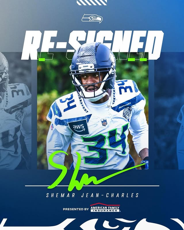 Instagram post by @sherm_8 for American Family Insurance. Caption reads: We’ve re-signed Shemar Jean-Charles. #GoHawks x....