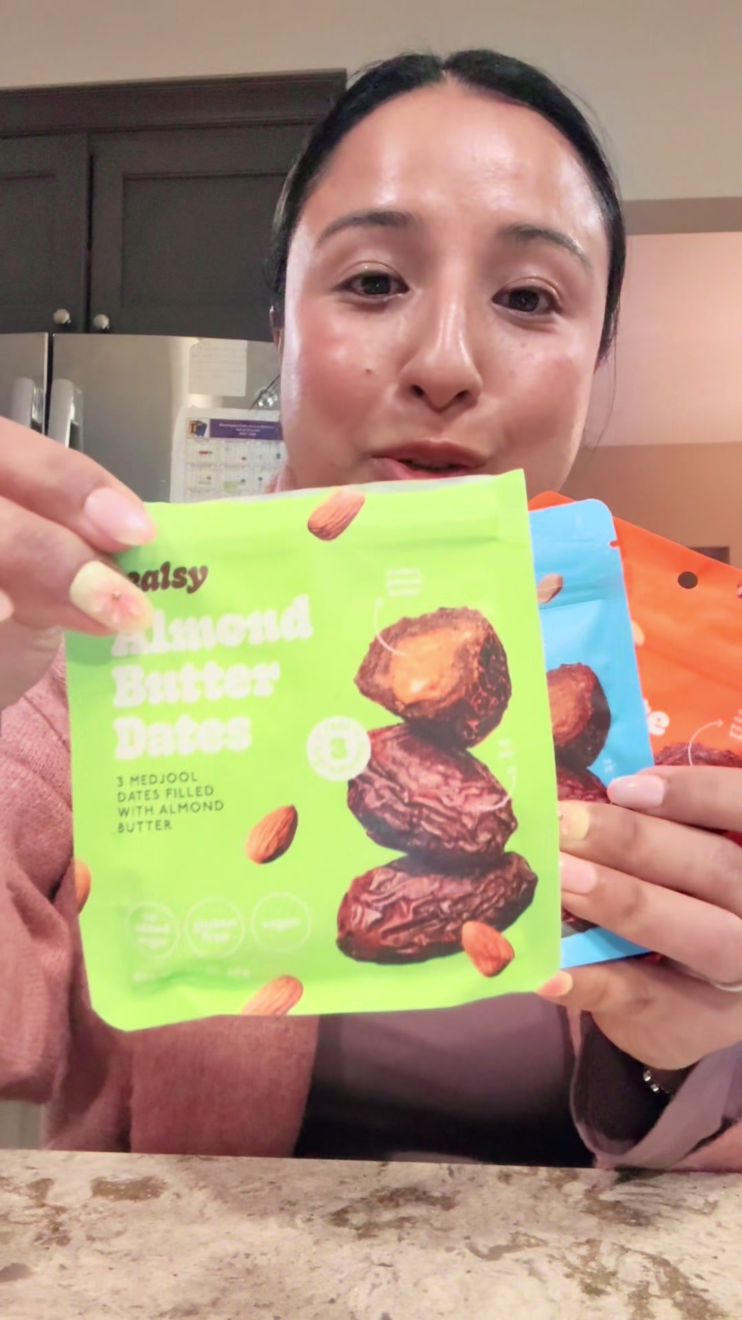TikTok post by @manjitasingh2020 for Realsy. Caption reads: “Realsy Nut Butter–Filled Medjool Dates: naturally....