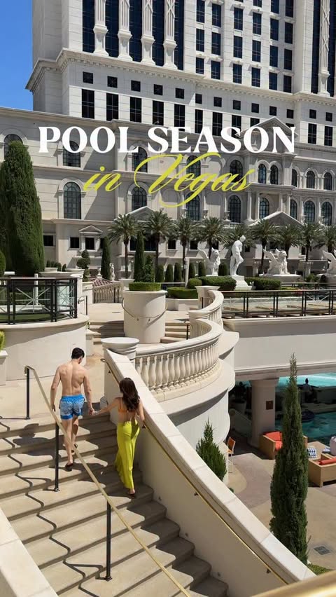 Instagram post by @rayandjanny for Las Vegas. Caption reads: pool hopping our way through Vegas ☀️ @vegas....