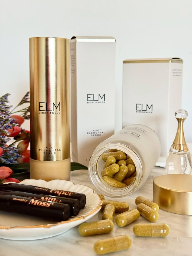 Instagram post by @emmskincare for Elm Biosciences. Caption reads: [...] brands, but I was curious to try Elm....