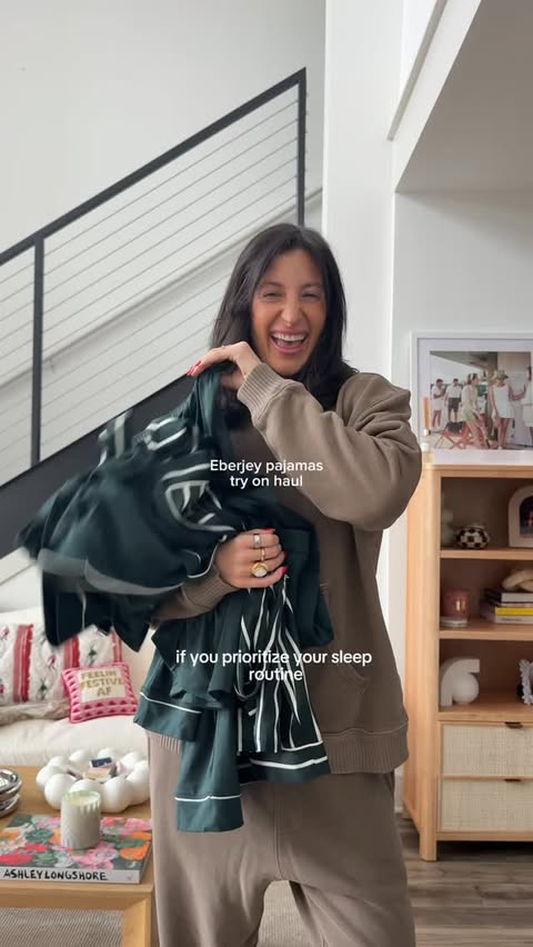 Instagram post by @sydneyhopeee for Eberjey. Caption reads: living in my @eberjey pajamas for the holidays....