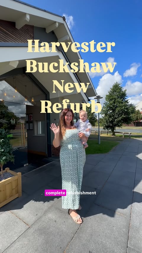 Instagram post by @lancashirefamilyadventures for Harvester. Caption reads: [...] Our lunch at the newly refurbished Harvester....
