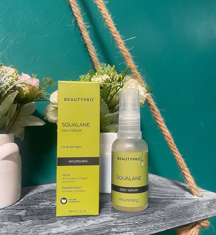 Instagram post by @sugarvogue for BeautyPro. Caption reads: 🌱💚 SQUALANE Nourishing Daily Serum by @beautypro....