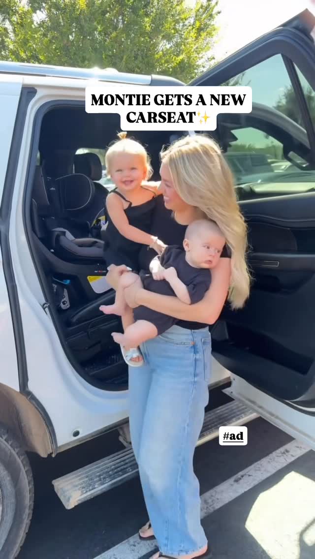 Instagram post by @jamee.folsom for Evenflo. Caption reads: #ad Montie girl got a new ride with our favorite &....