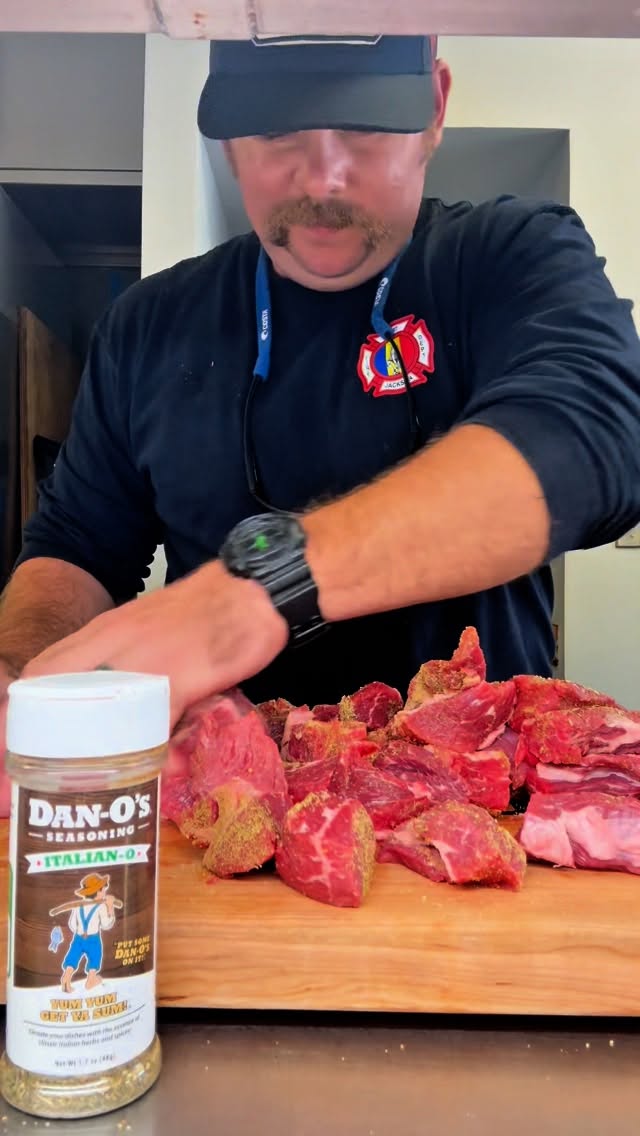 Instagram post by @fireman1231_ for Dan-O's Seasoning. Caption reads: Fireman’s Beef stew is on the menu tonight at the....