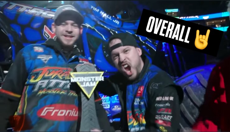 Instagram post by @timhall_jr for Monster Jam. Caption reads: DINO-MITE 🦖 kinda day for @TimHall_Jr ❗️

He is....