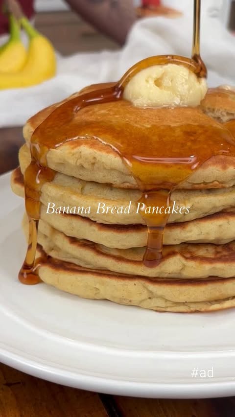 Instagram post by @thesaltycooker for King Arthur Baking Company. Caption reads: These fluffy banana bread pancakes are made with....