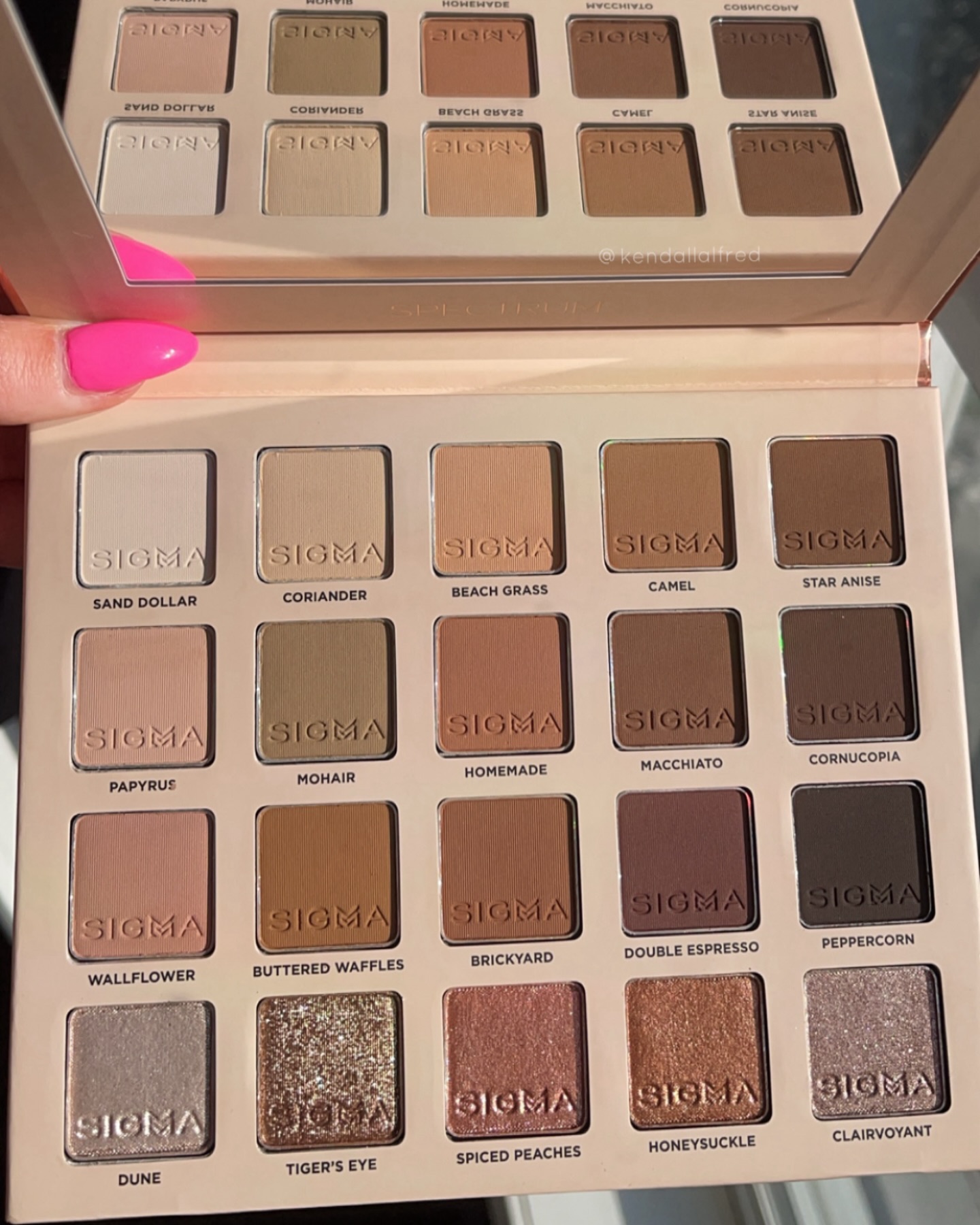 Instagram post by @kendallalfred for Sigma Beauty. Caption reads: NEW Sigma Beauty Spectrum Eyeshadow Palette!....
