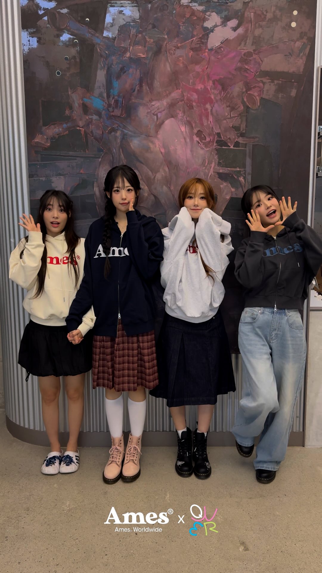 Instagram post by @qwerband_official for MUSINSA. Caption reads: 💓 AMES WORLDWIDE × QWER 💓

스트리트 캐주얼 무드를 담은 아메스....