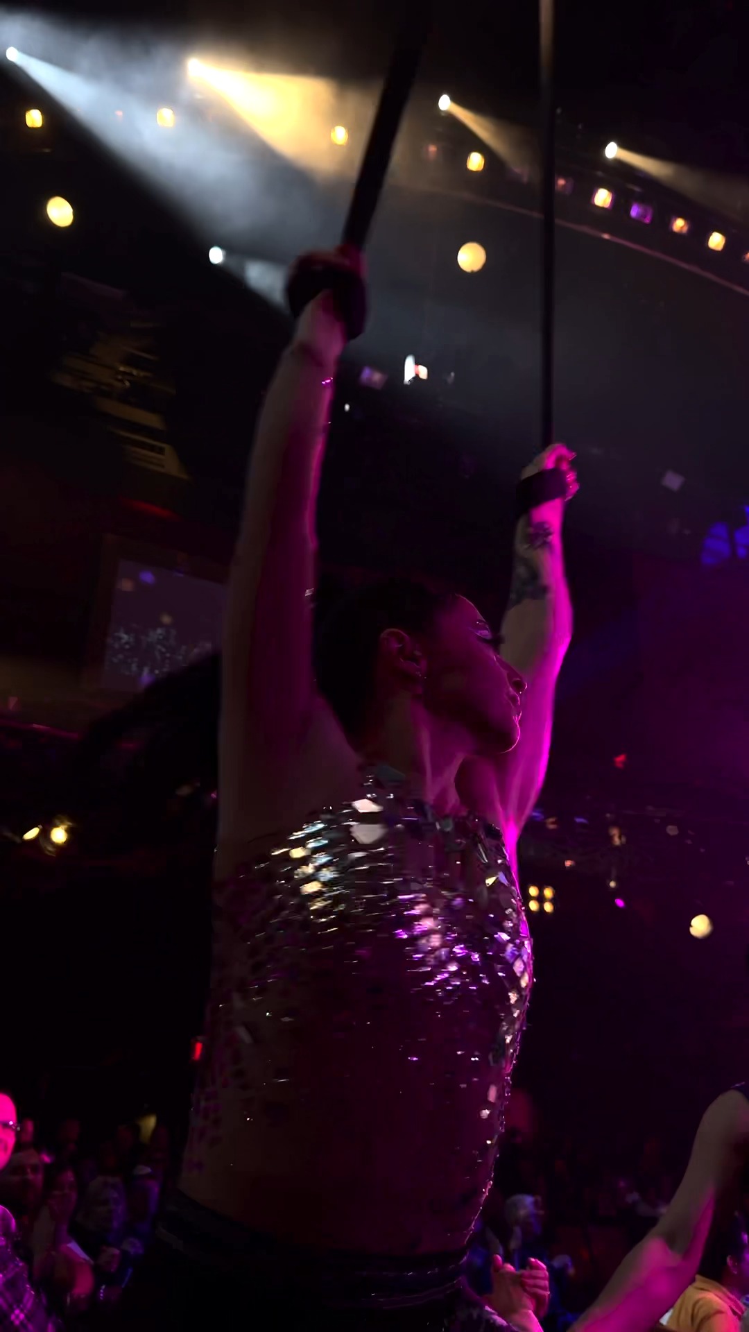 Instagram post by @madapple.cirquedusoleil for Cirque du Soleil. Caption reads: sequins and strength 🪩....