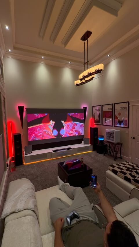 Instagram post by @dadrianca for Dreo. Caption reads: Breathing easy in the Home Theatre!🍿 @dreo.home....