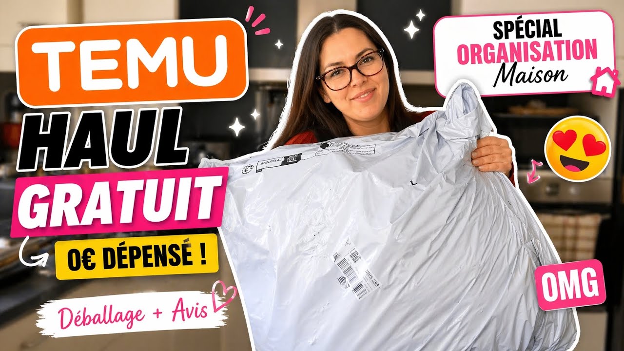 YouTube post by @gaelle_dl for Click Discount. Caption reads: FREE TEMU HAUL 😱 Special home organization (0€....
