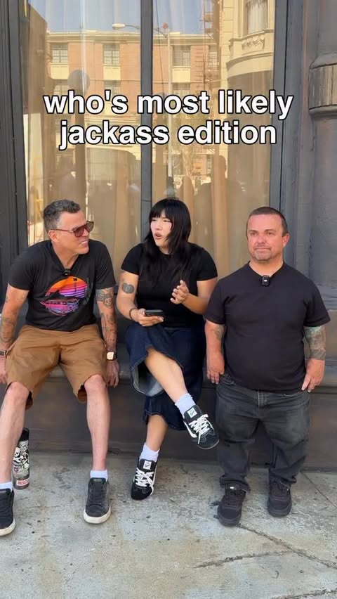 Instagram post by @cvnela for Paramount Pictures. Caption reads: who’s most likely to @jackass edition ☠️ 🌈 get....