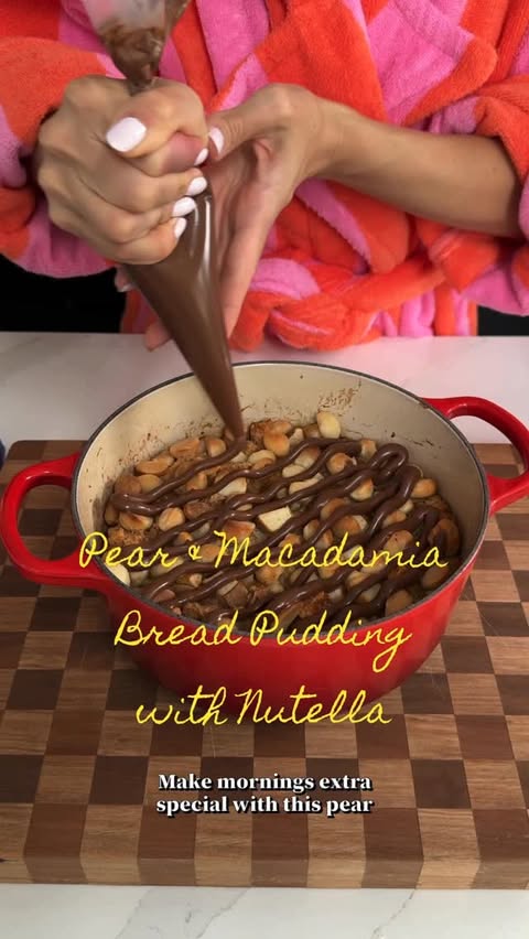 Instagram post by @katherine_sabbath for Nutella. Caption reads: [...] Pear & Macadamia Bread Pudding with....