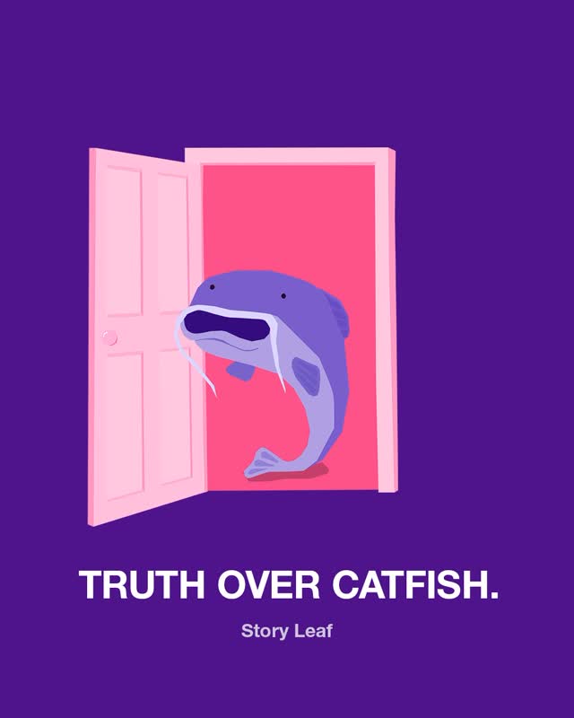 Instagram post by @story_leaf for GIPHY. Caption reads: Catfish alert! 🚨🐟 Keep it honest and protect....
