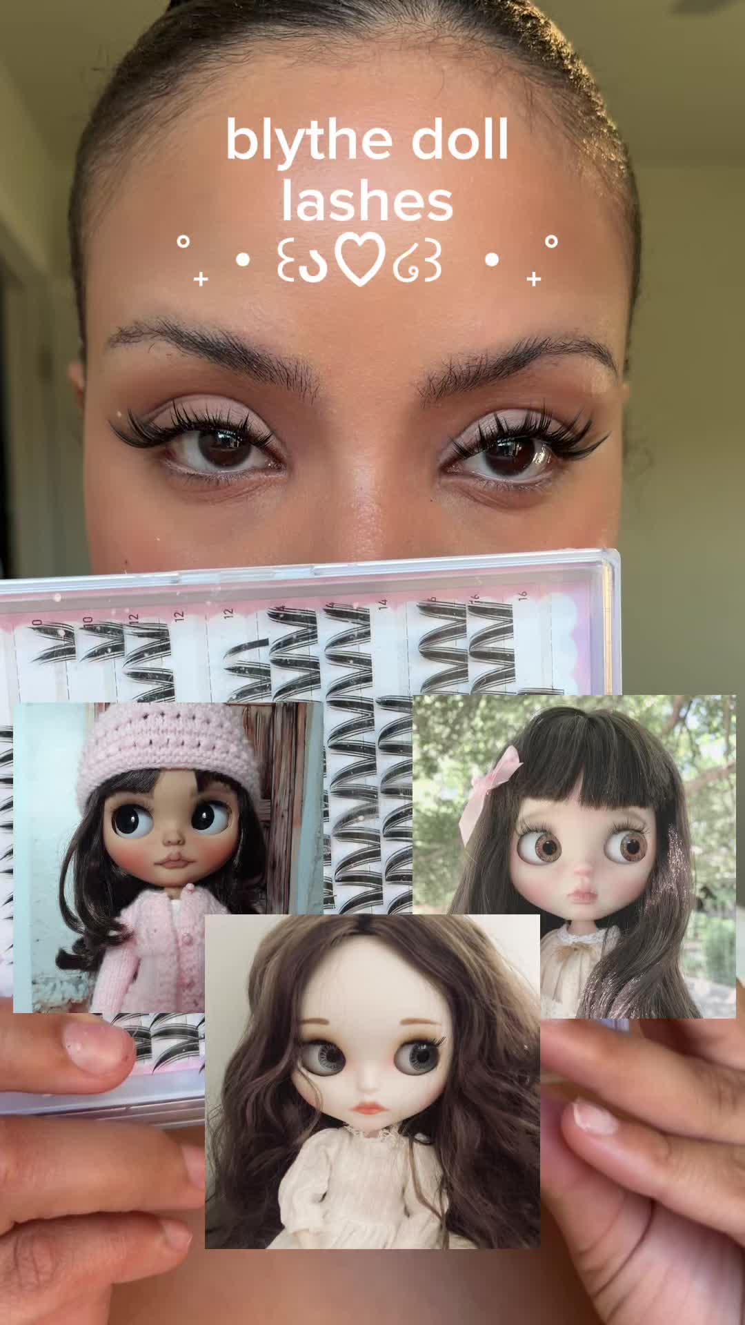 TikTok post by an influencer for Okay Love Lashes. Caption reads: blythe doll lashes using @OKAYLOVE bunny lite....