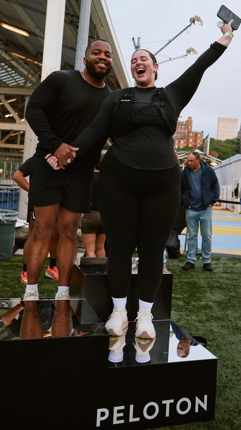 Instagram post by @emma.arletta for Peloton. Caption reads: #ad Sharing our last name and our @onepeloton....