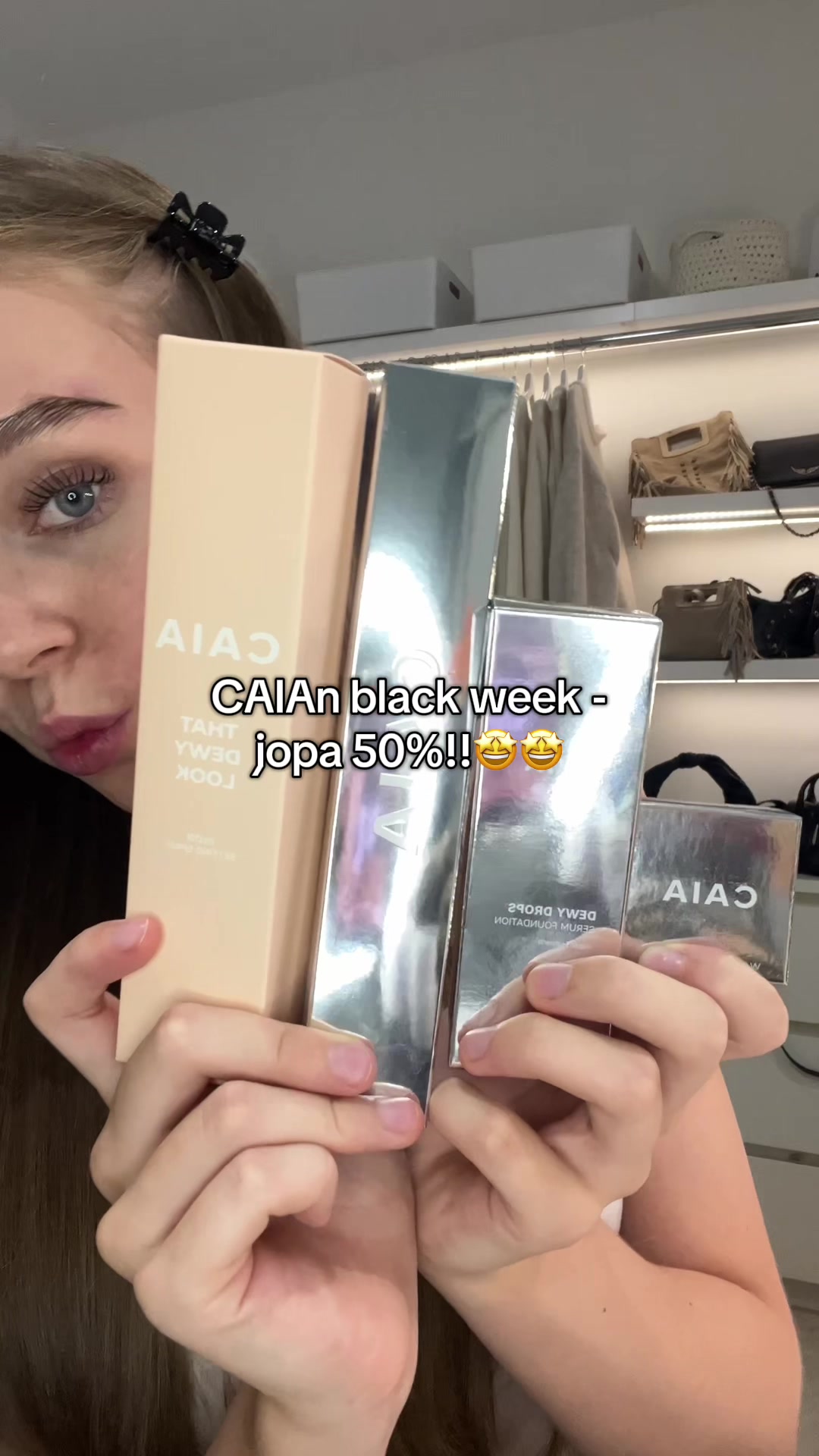 TikTok post by @ameliaruotsala for CAIA Cosmetics. Caption reads: Mainos @CAIA Cosmetics 🫶🏻 CAIA Black Week 🤍....