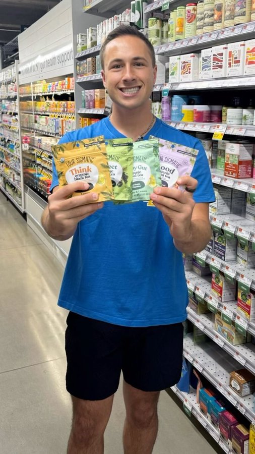 Instagram post by @healthwithhunter for Four Sigmatic. Caption reads: New product alert at @wholefoods!!

So many tea....