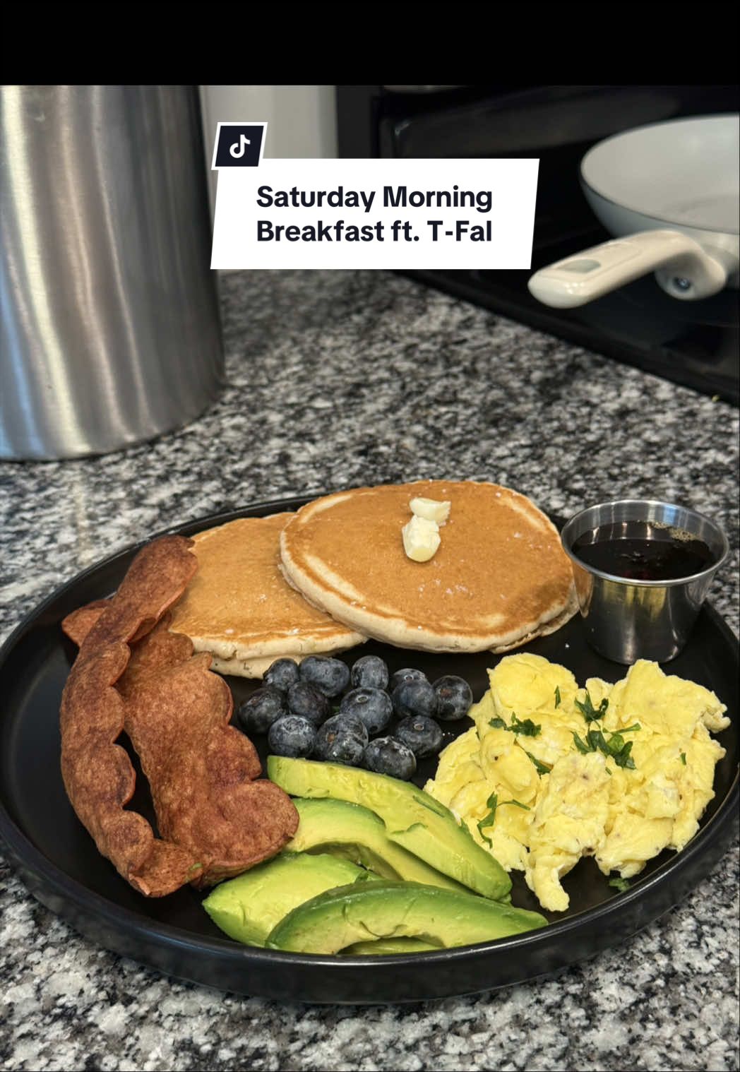 TikTok post by @life.as.jos for T-fal USA. Caption reads: gifted by T-fal 🍳 Saturday morning breakfast just....