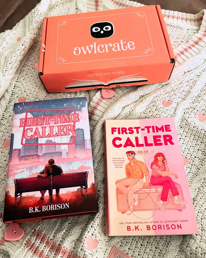 Instagram post by @lauralovesherbooks for OwlCrate. Caption reads: First Time Caller @authorbkborison @owlcrate....