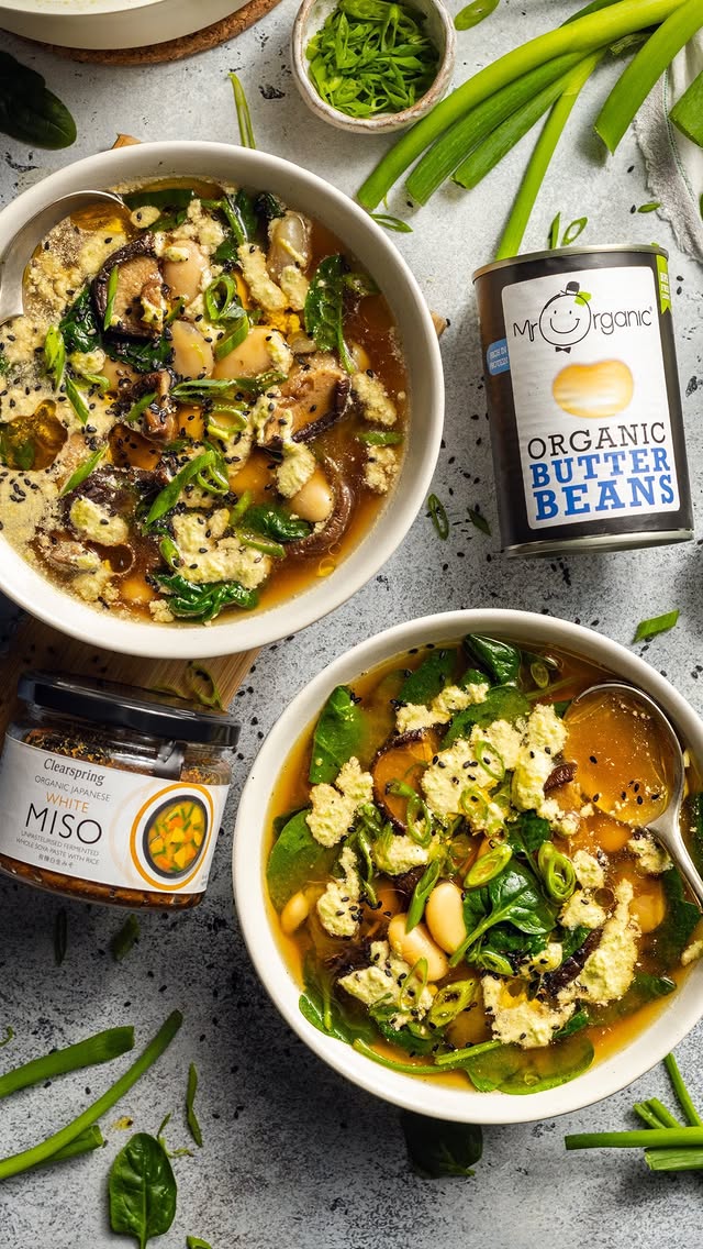 Instagram post by @clearspringuk for Mr Organic. Caption reads: 🍲🫘 QUICK & EASY BUTTER BEAN MISO SOUP 🫘🍲....