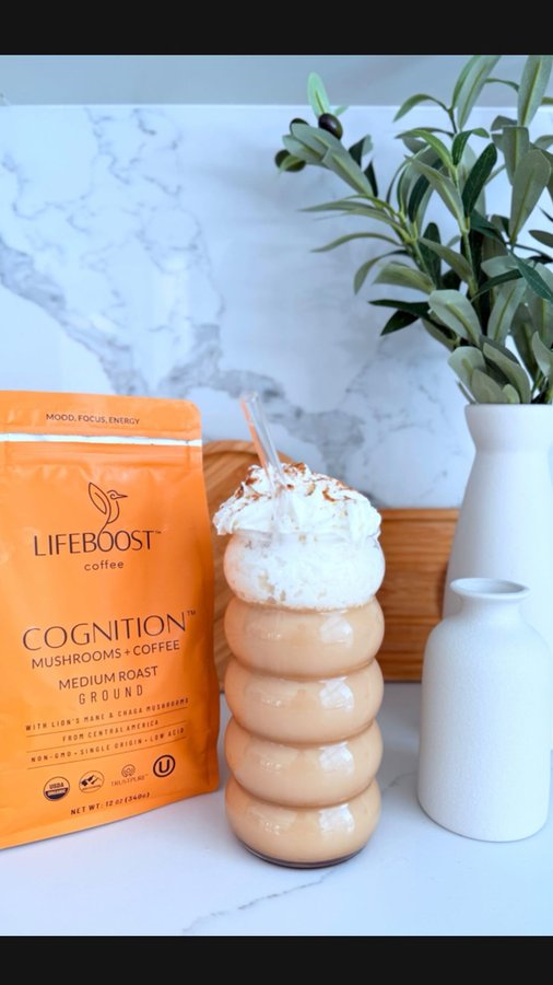 Instagram post by @busraalya for Lifeboost Coffee. Caption reads: [...] focus and energy with every sip! ☕✨....