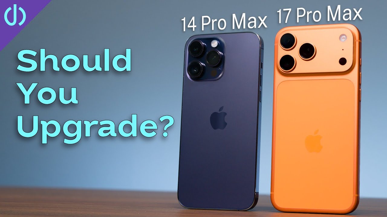 YouTube post by @JerrySchulze for Grovemade. Caption reads: iPhone 17 Pro Max vs 14 Pro Max — Should You....