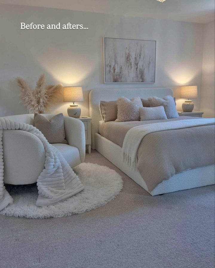 Instagram post by @_myhomeinspo_ for DUSK. Caption reads: 𝙱𝚎𝚏𝚘𝚛𝚎 𝚊𝚗𝚍 𝚊𝚏𝚝𝚎𝚛𝚜… Bedroom....