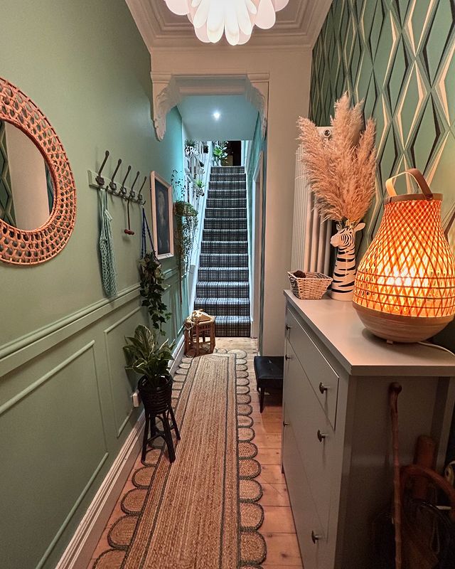 Instagram post by @myretrohomestead for Maia Homes. Caption reads: Evolution of the hallway Ad I recently switched up....