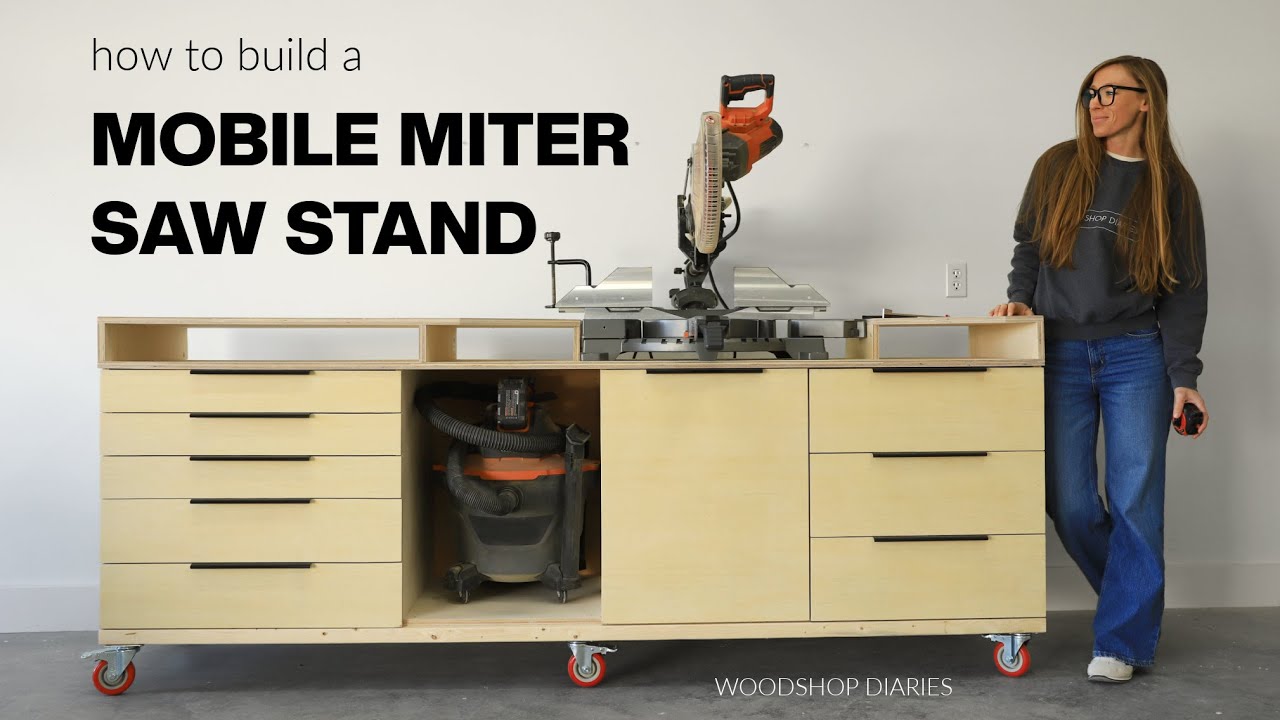 YouTube post by @WoodshopDiaries for Kreg Tool. Caption reads: How to Build a Mobile Miter Saw Station with....