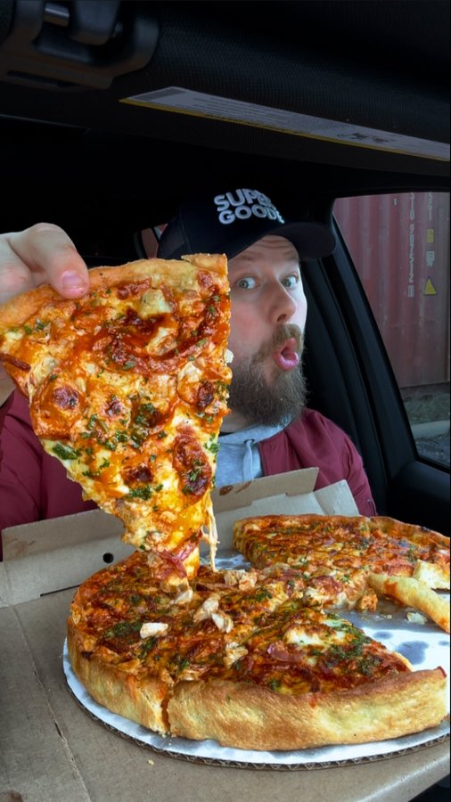 Instagram post by @super_goode for Lou Malnati's. Caption reads: Buﬀalou Chicken Deep Dish Pizza from Lou Malnati’s....