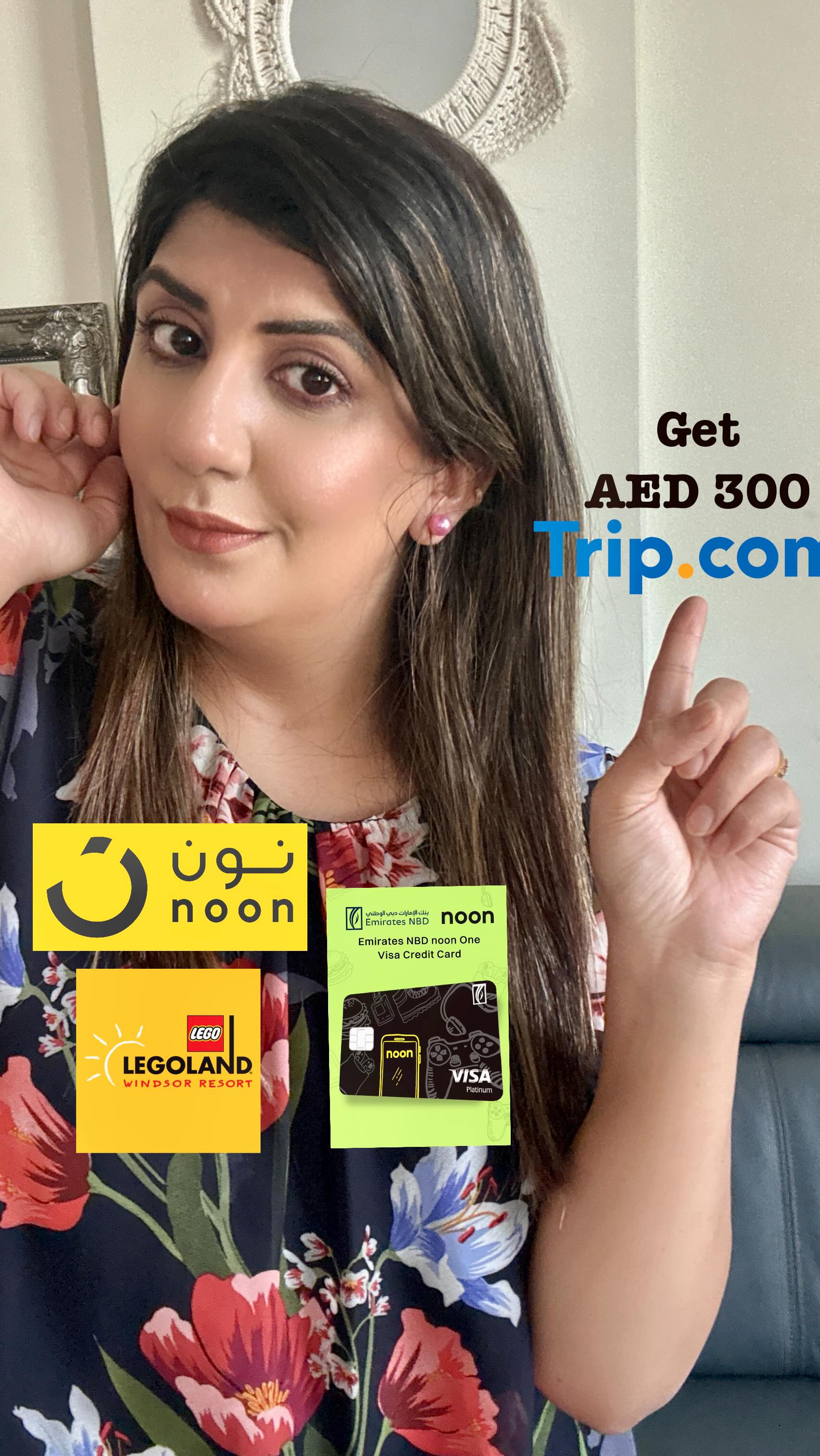 Instagram post by @lifestyle_with_hira for Noon. Caption reads: Apply for the ENBD noon Card and get 300 AED in....