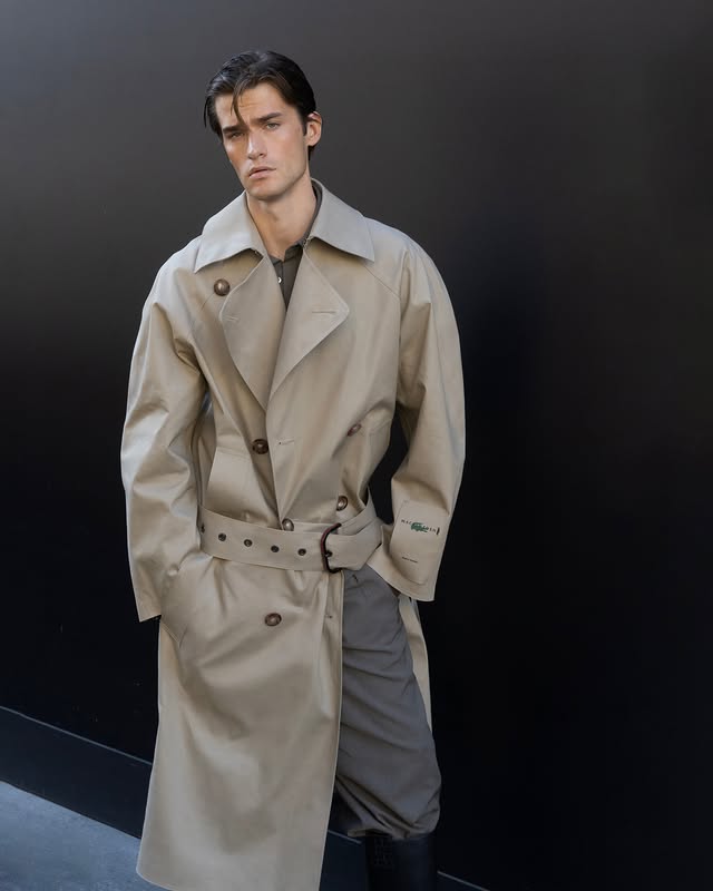 Instagram post by @tetervinas for Lacoste. Caption reads: trench coat season starts now @lacoste....