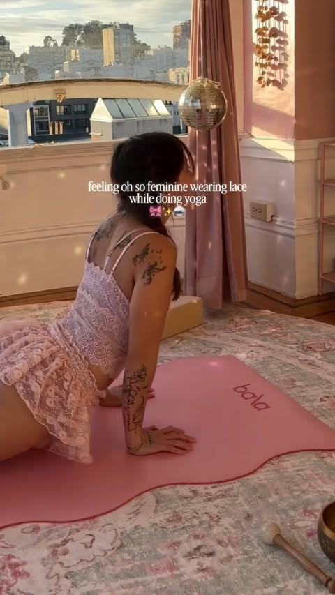 Instagram post by @danniellajoy for Free People. Caption reads: and the disco 🫶🏼✨🧘🏻‍♀️ 

mat and block @bala....