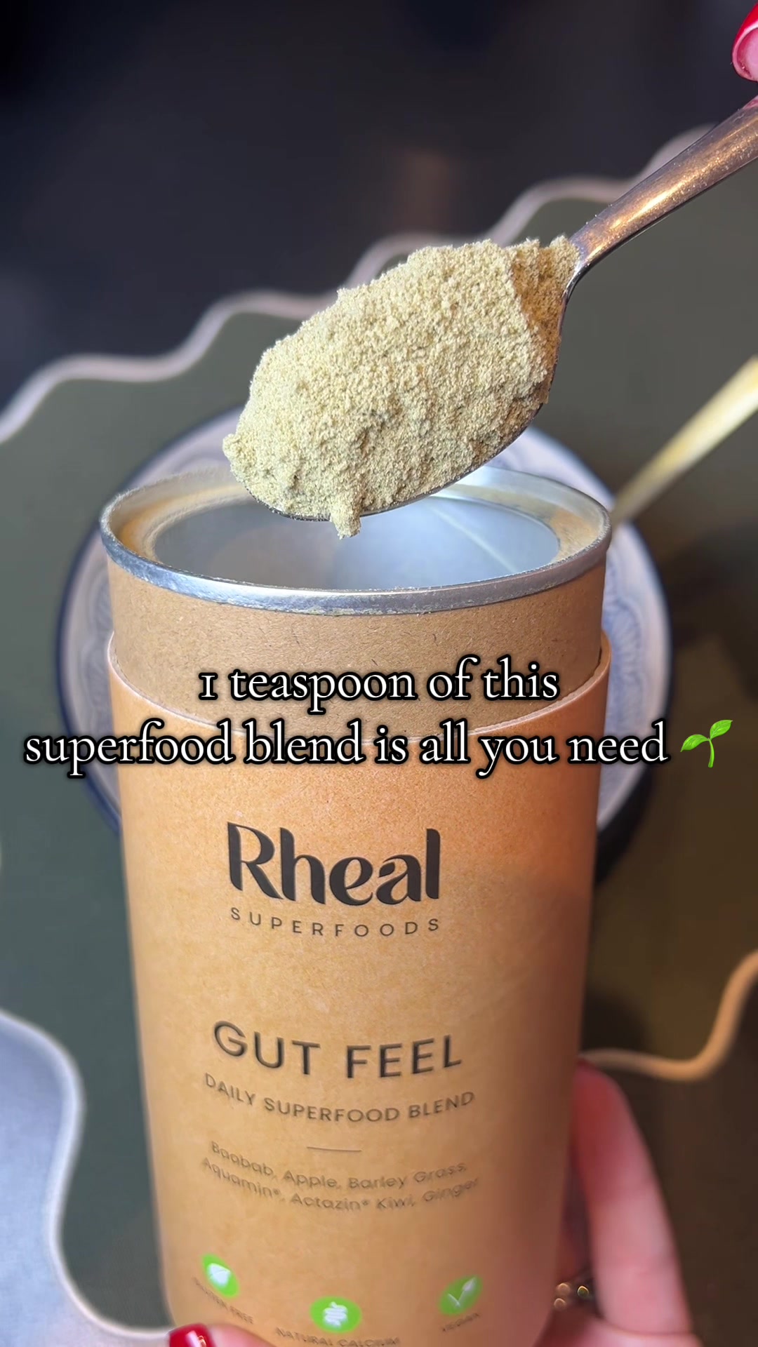 TikTok post by @susierxo for Rheal Superfoods. Caption reads: [...] to enjoy this superfood blend 💚 @Rheal....