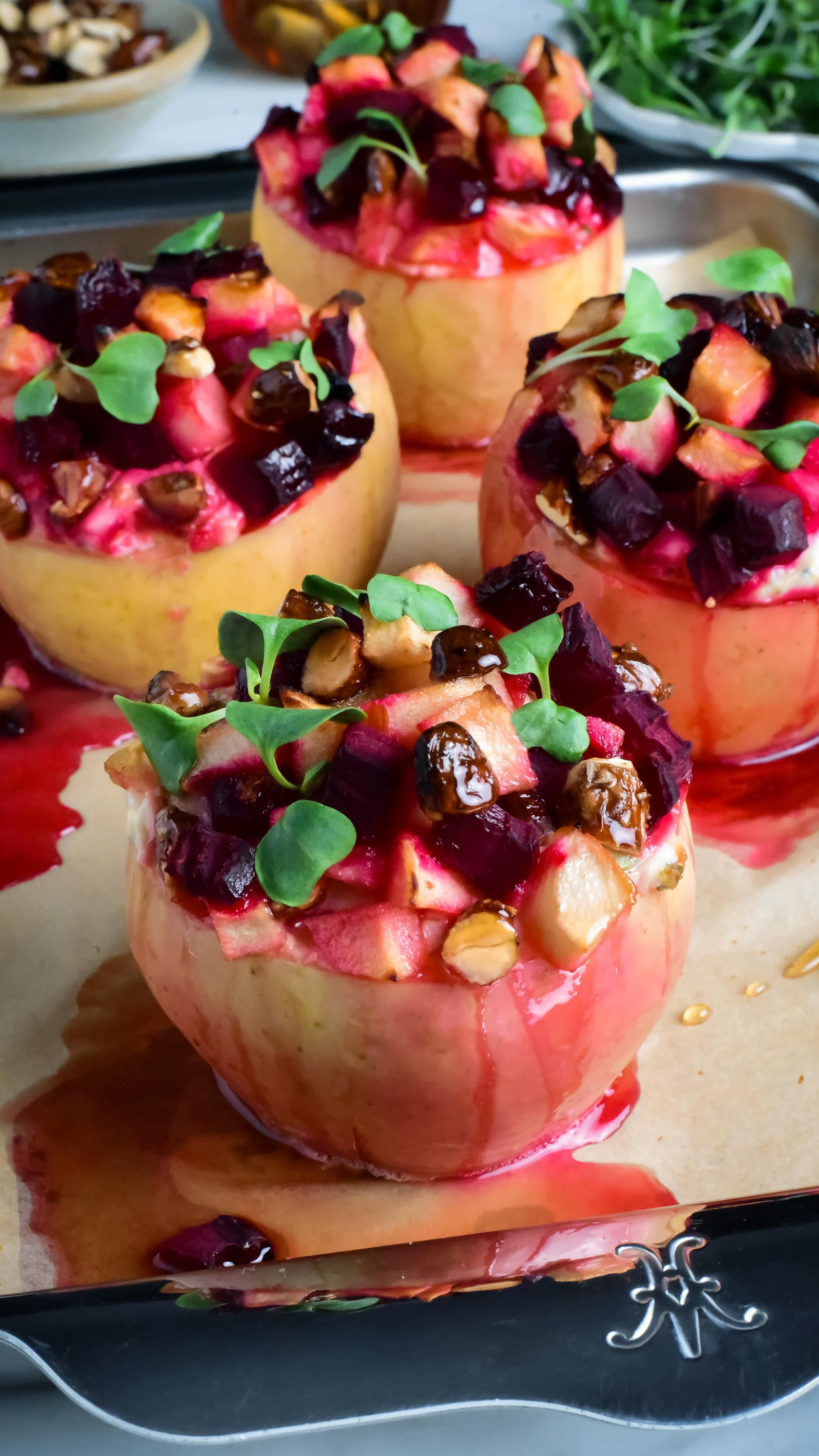 Instagram post by @zimmysnook for Hestan Culinary. Caption reads: Savoury Baked Apples with Ricotta, Beets &....