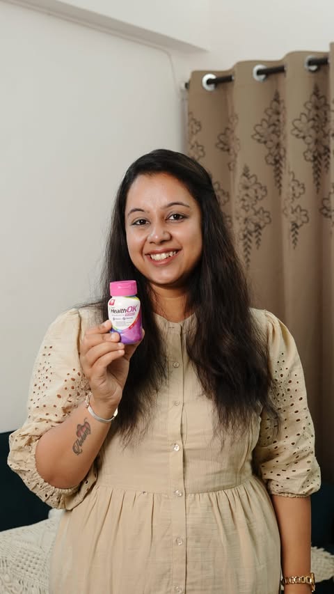 Instagram post by @firstime_mom for HealthOK Tablets. Caption reads: [...] health ko bhi priority dijiye. 🌸....