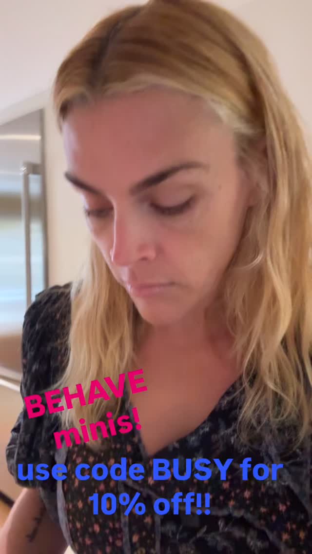 Instagram post by @busyphilipps for BEHAVE. Caption reads: ALL NEW @eatbehave MINIS! perfect for purses and....